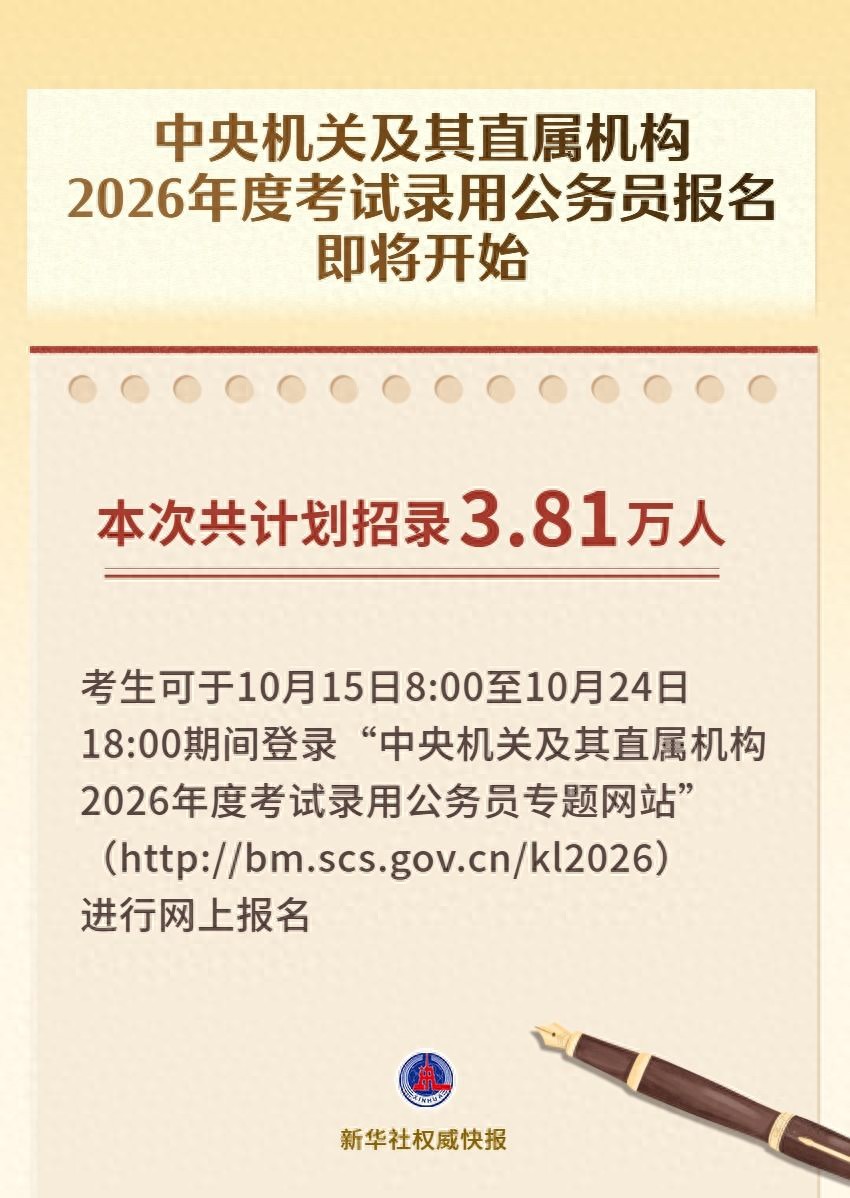 计划招录3.81万人，报考年龄放宽！2026年度国考报名10月15日起进行