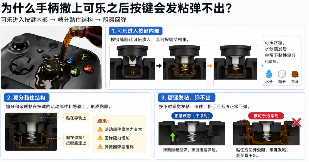 手柄撒上可乐怎么办，手柄撒上饮料按键粘滞不弹出，