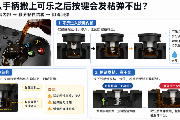 手柄撒上可乐怎么办，手柄撒上饮料按键粘滞不弹出，